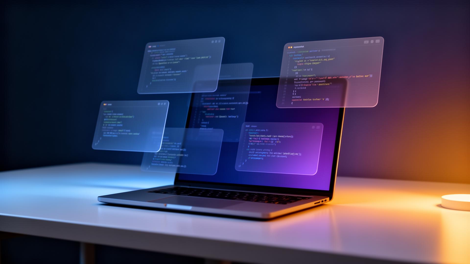 Modern software development workspace with floating code panels